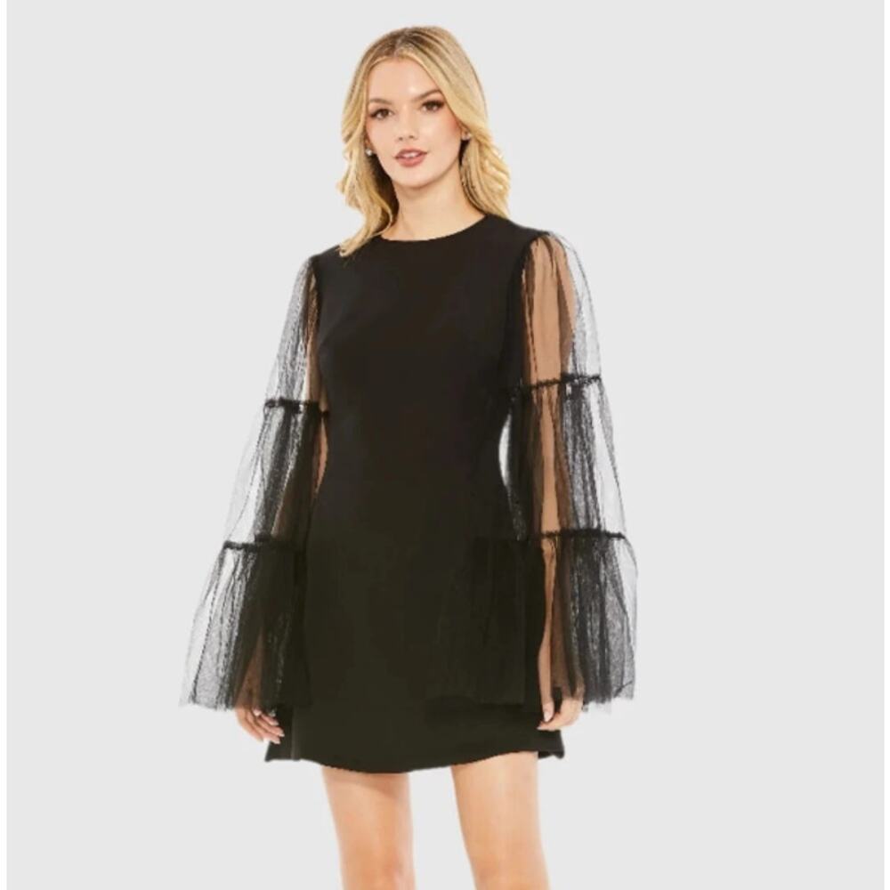 NWT Lena by Mac Duggal 49612 Mini Dress High Neck Flared Sleeve‎ Black Sz 0 $358